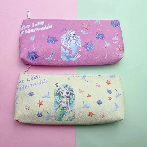 Cartoon Cute Pencil Case PU Leather Large Capacity Stationery Bag Astronaut Mermaid Dinosaur Zippered For Kids School