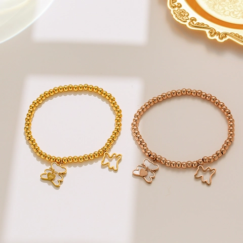 Titaniumstaal Kralen Armband Voor Dames Holle Beer Vlinder Hart Bedeltjes Goud Roségoud Verguld Modieuze Sieraden Cadeau