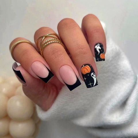 Uñas Postizas Halloween Press On Mate Negro French Tip Calabaza Fantasma Patrón Estrella Uñas Artificiales Para Mujeres