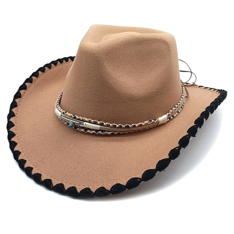 Western Cowboy Hat Cotton Polyester Felt Wide Brim With Turquoise Bead Feather Charm Ethnic Bohemian Vintage For Women Men