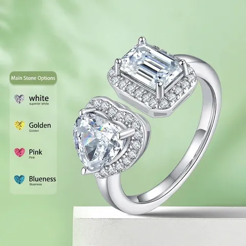 Anillo De Moissanita De Plata De Ley 925 Toi Et Moi Talla Corazón Y Esmeralda Banda Ajustable Abierta Joyería Para Mujer