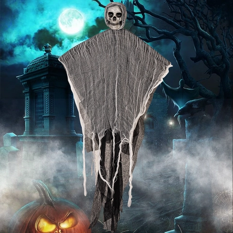 Halloween Hängender Geist Dekoration Plastik Skelett Kopf Gaze Stoff Gruseliges Spukhaus Party Garten Requisite