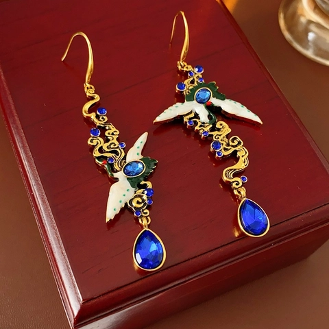 Vintage Kranich Vogel Wasserfall Ohrringe Mit Blauem Edelstein Emaille Goldlegierung Silber Ohrstecker Für Damen