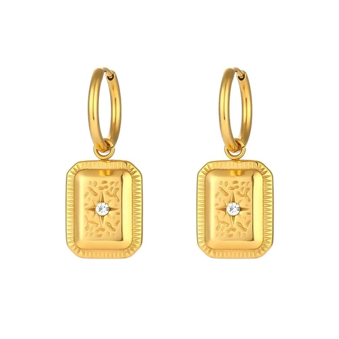 Boucles D'oreilles Pendantes Rectangulaires Acier Inoxydable Plaqué Or Hexagramme Zircon Rétro Texturé Pour Femmes