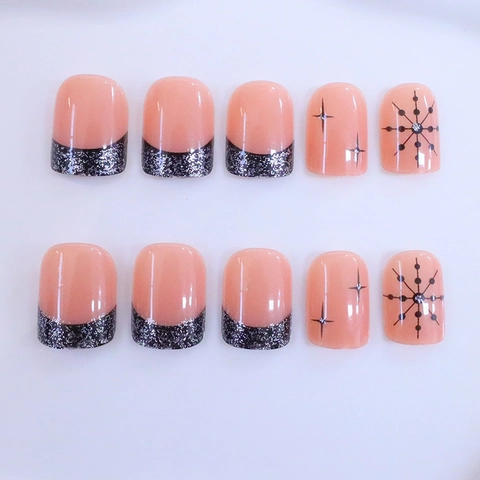 Uñas Postizas Cortas Cuadradas Navidad Francesas Diseño Copo Nieve Estrella Rosa Negro Plata Brillo ABS Para Mujeres
