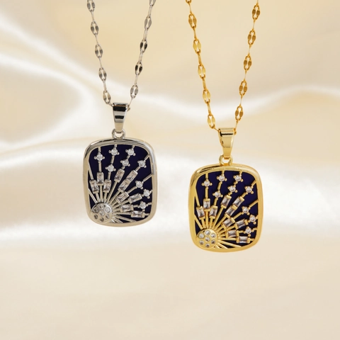 Vintage Sophisticated Copper Zirconia Blue Enamel Meteor Pendant Necklace For Women Starry Sky Square Pendant Jewelry Gift