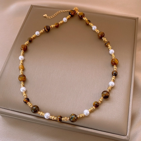 Tiger Eye Stone Pendant Necklace Vintage Retro Titanium Steel Gold Plated Sweater Chain Jewelry For Women