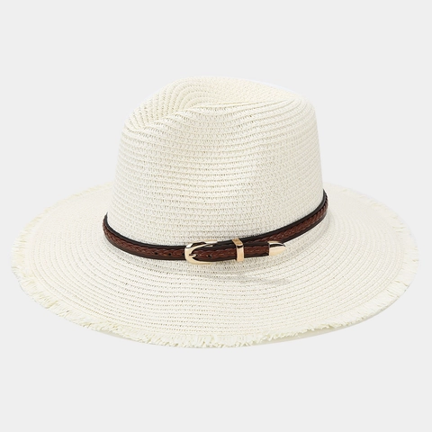 Chapeau De Paille Style Fedora Bord Effiloché Respirant Paille De Papier Vacances À La Plage Ceinture Tissée Boucle