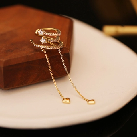 Ear Cuff con Nappa a Stella per Donna in Rame con Zirconia Intarsiata e Catena a Cuore Orecchini a Clip Senza Buco