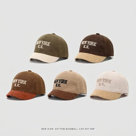 Kids Baseball Cap Cotton Corduroy Colorblock Letter Embroidery Hip Hop Adjustable Casual Sun Hat For Toddlers