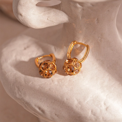 Pendientes Huggie Con Colgante De Bola Cobre Diamantes De Imitación Ámbar Estilo Retro Vintage Para Mujer Con Poste De Acero