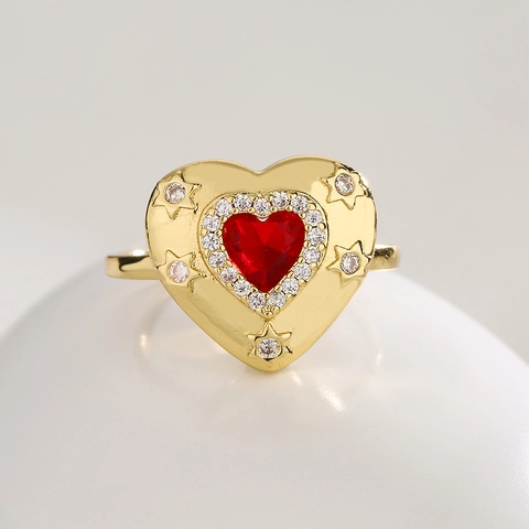 Heart Open Ring Gold Plated Copper Heart Shape Zircon Star Design Vintage Adjustable Fashion Jewelry For Women