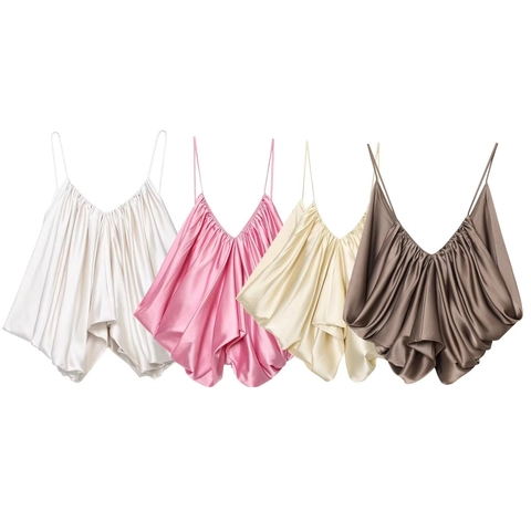 Sexy V Neck Satin Camisole Top For Women Pleated Sleeveless Spaghetti Strap Summer Backless Loose Fashion Tank Top
