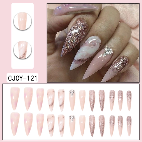 Uñas Postizas Largas Stiletto Press On Rosa Mármol Diseño Smudge Brillo Diamantes De Imitación