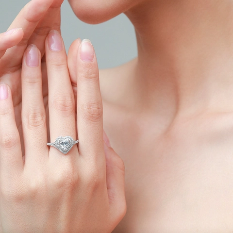 Anello a Cuore in Argento Sterling 925 Doppio Halo in Zirconia Anello di Fidanzamento Matrimonio Gioielli per Donna Regalo