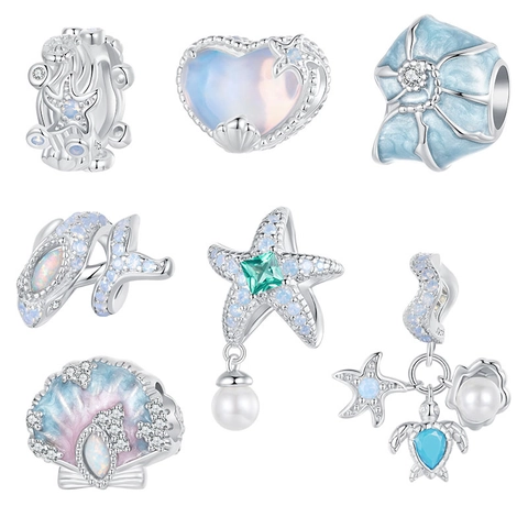 925 Sterling Silver Ocean Series Charm Beads Enamel Starfish Shell Turtle Dolphin Rhinestone Artificial Pearl Charms For Women DIY Jewelry Making