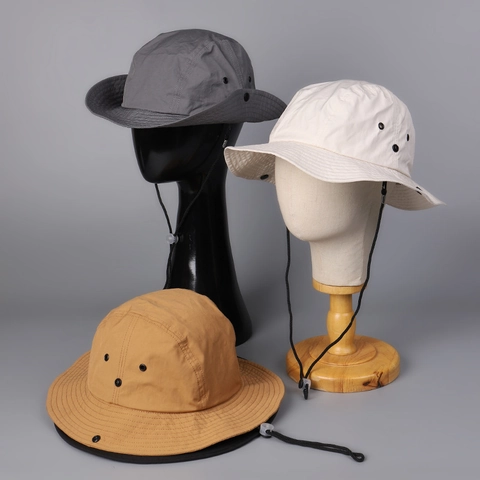 Outdoor Sun Protection Bucket Hat Cotton Nylon Polyester Quick Dry Wide Brim Adjustable Windproof Cord Hiking Fishing