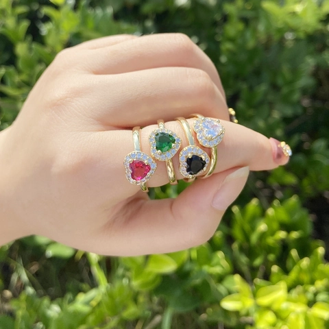 Heart Shaped Zircon Ring Copper 18K Gold Plated Micro Paved Adjustable Fashion Elegant Jewelry For Women