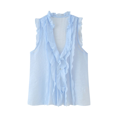 Blusa Sin Mangas De Gasa Para Mujer Adorno De Volantes Cuello En V Con Botones Color Sólido Top Dulce De Verano
