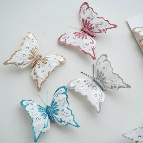 Christmas Butterfly Ornaments Mesh Glitter Rhinestone Feather Tree Hanging Decorations Festival Atmosphere Party Props