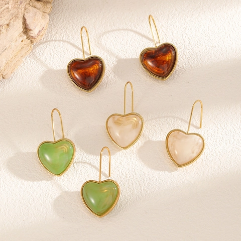 Boucles D'oreilles Pendantes Coeur Acier Inoxydable Résine Texture Marbre Rétro Style Maillard Élégant Pour Femmes