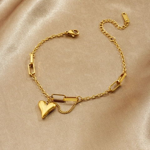 Heart Pendant Bracelet Gold Plated Stainless Steel Asymmetrical Paperclip Chain Adjustable Minimalist Jewelry For Women