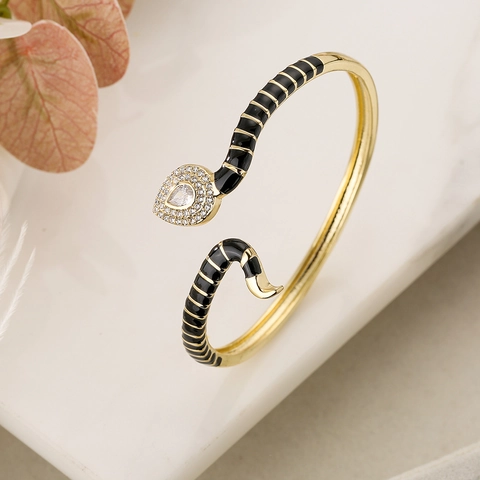Snake Open Bangle Bracelet Brass Colorful Enamel Zircon Paved Bohemian Trendy Individual Style Fashion Jewelry Women