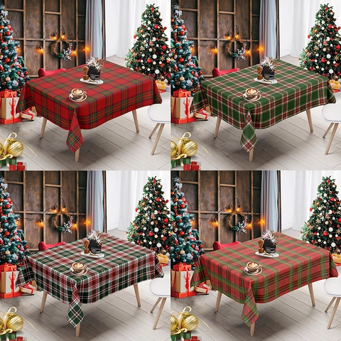 Mantel De Navidad Rojo Cuadros Rectangular Poliéster Franela Papá Noel Reno Copo De Nieve Estampado Cubierta De Mesa De Comedor Decoración