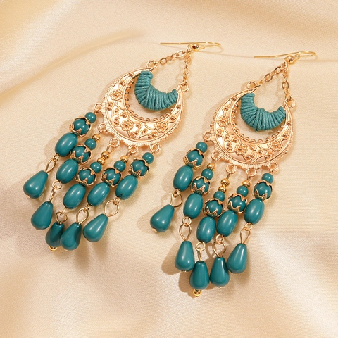 Bohemian Crescent Moon Drop Earrings Ethnic Alloy Acrylic Bead Tassel Vintage With Steel Earring Post For Women