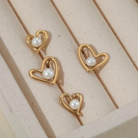 Pendientes De Corazón Irregulares Acero Inoxidable 304 Perla Artificial Incrustada Chapado Oro PVD Delicado Para Mujeres