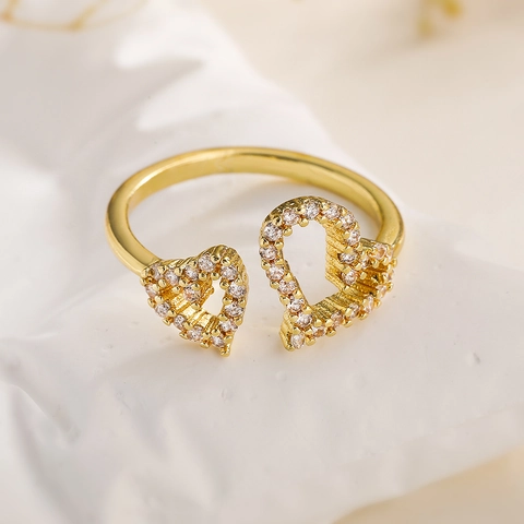 Kupfer Vergoldete Offene Ringe Für Frauen Zirkon Hohlherz Geometrisch Unregelmäßig Verstellbar Modeschmuck