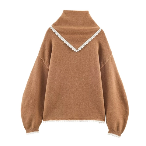 Dames Gebreide Trui Lange Mouwen Kant Trim V Hals Elegant Camel Acryl Polyester Katoen Vintage Casual