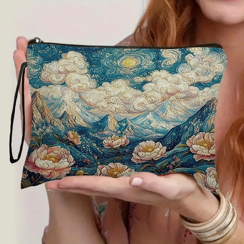 Trousse De Maquillage Fleurie Artistique En Lin Pochette Cosmétique Avec Fermeture Éclair Et Dragonne Peinture À L'Huile De Paysage Pour Femmes