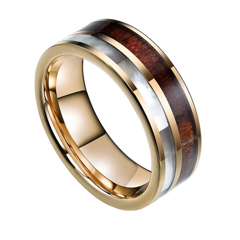 Men Stainless Steel Ring With Wood Carbon Fiber And Meteorite Texture Inlay Fashion Wedding Band Groom Jewelry Accessory