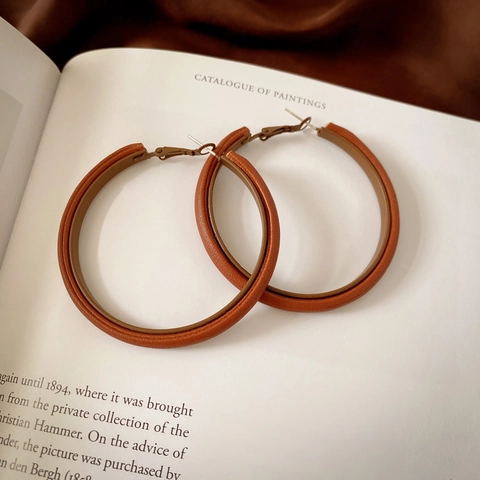Vintage French Style Large Hoop Earrings For Women Geometric Circle PU Leather With 925 Sterling Silver Earring Post