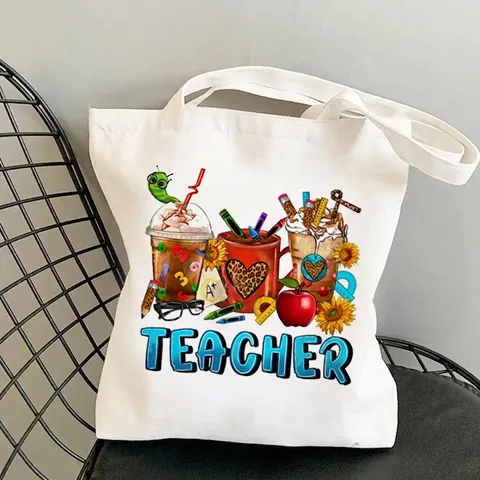 Teacher Canvas Tote Bag Teacher Appreciation Gift White Reusable Shoulder Shopping Handbag With Educational Print For Women