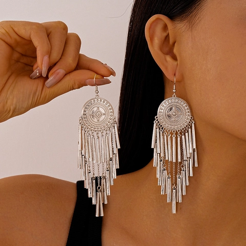 Pendientes Colgantes Con Borlas Y Disco Redondo Geométrico Étnico Retro Aleación Tono Plateado Joyería Bohemian Statement Para Mujer
