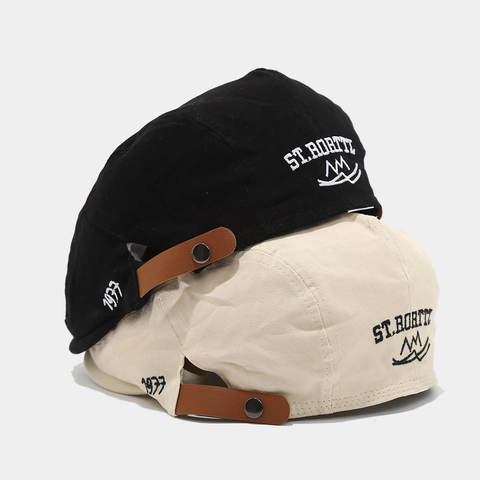 Flat Cap Vintage Cotton Canvas Forward Hat With Letter Embroidery And Leather Strap Adjustable Newsboy Ivy Cap For Unisex