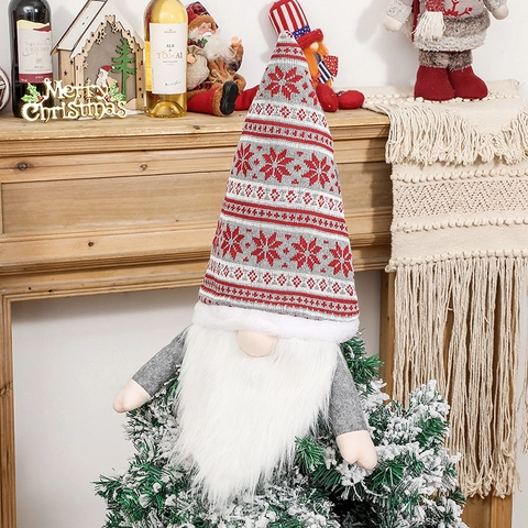 Puntale Per Albero Di Natale Gnomo Ornamento Maglia Motivo Fiocco Di Neve Lunga Barba Bambola Decorazione Casa