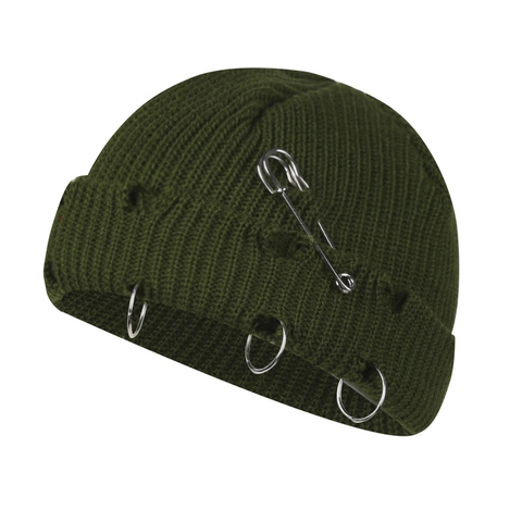Punk Gestrickte Beanie Mütze Mit Metallringen Und Sicherheitsnadel Hip Hop Style Acryl Wintermütze