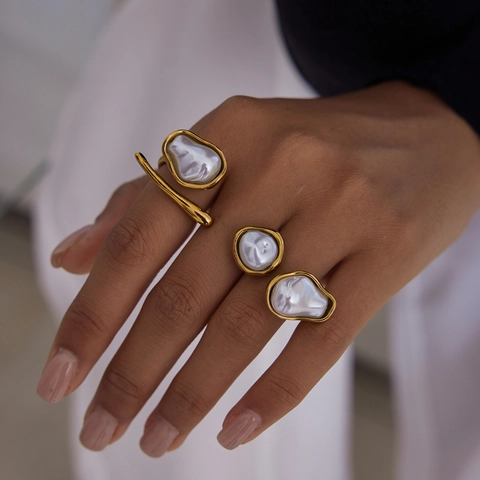 Artificial Baroque Pearl Ring Stainless Steel Gold Plated Waterproof Hypoallergenic Adjustable Open Design French Vintage Jewelry Women