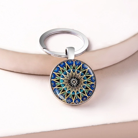 Portachiavi A Cupola In Vetro Mandala Retrò Metallo Tondo Motivo Geometrico Ciondolo Per Chiavi Colore Argento