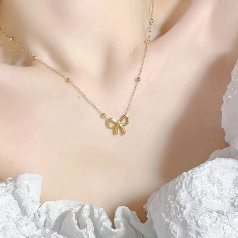 Stainless Steel Bowknot Necklace Bracelet Earrings Women Sweet Round Bead Minimalist Elegant Fashion Accessory