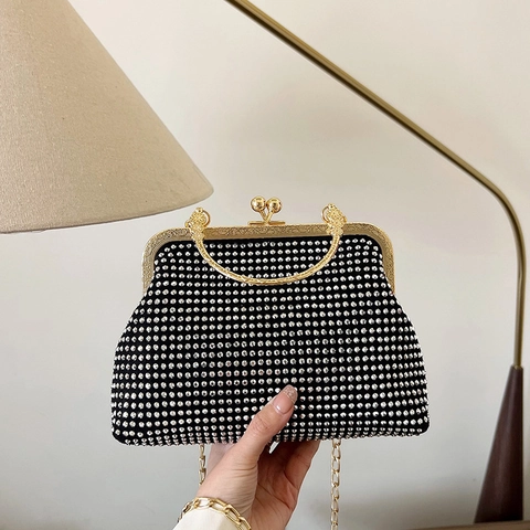 Elegante Avondtas Met Strass Ringgreep Metalen Ketting Dames Feest Bruiloft Vintage PU Schelptas Handtas