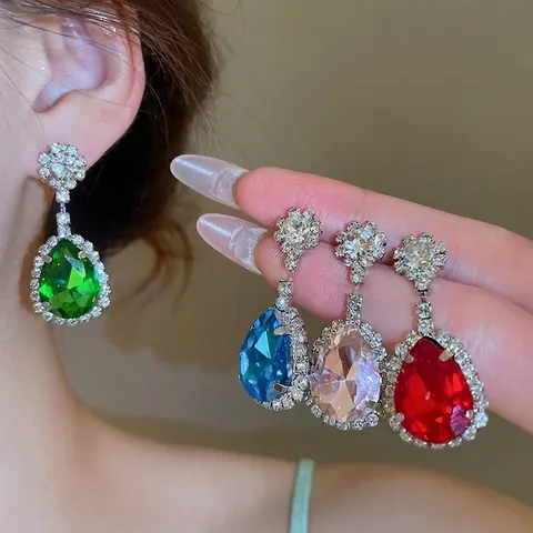 Vintage Tropfen Kristall Halskette Und Ohrringe Für Damen Kupfer Strass 925 Sterling Silberne Ohrringstecker Elegant