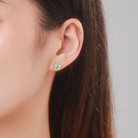 Yellow Green Round Cubic Zirconia Halo Stud Earrings 925 Sterling Silver Elegant Luxury Niche Jewelry For Women