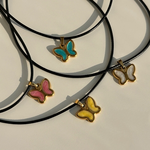Vintage Butterfly Pendant Necklace Titanium Steel Gold Plated Enamel Charm Jewelry With Black Cord For Women Fashion