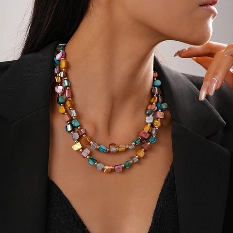 Double Layer Beaded Necklace Natural Shell Irregular Beads Retro Vintage Bohemian Choker Jewelry For Women