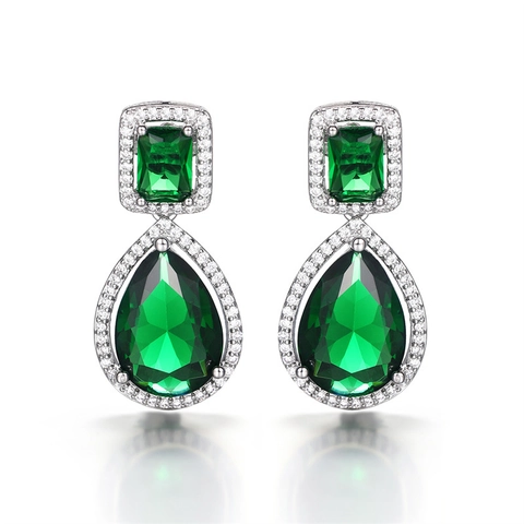 Smaragdgrüne Tropfenohrringe Kupfer Zirkon Birne Rechteckig Halo Braut Hochzeit Abend Luxus Schmuck Für Damen
