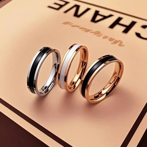 Ring Stainless Steel Titanium Geometric Minimalist Enamel Inlay Waterproof Non-Fading Jewelry For Women